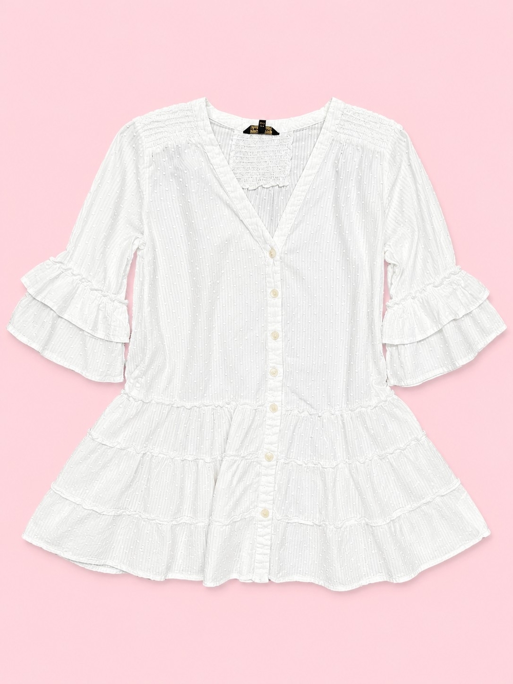Spiaggia Dolce White Cotton Tired Button Down Dress